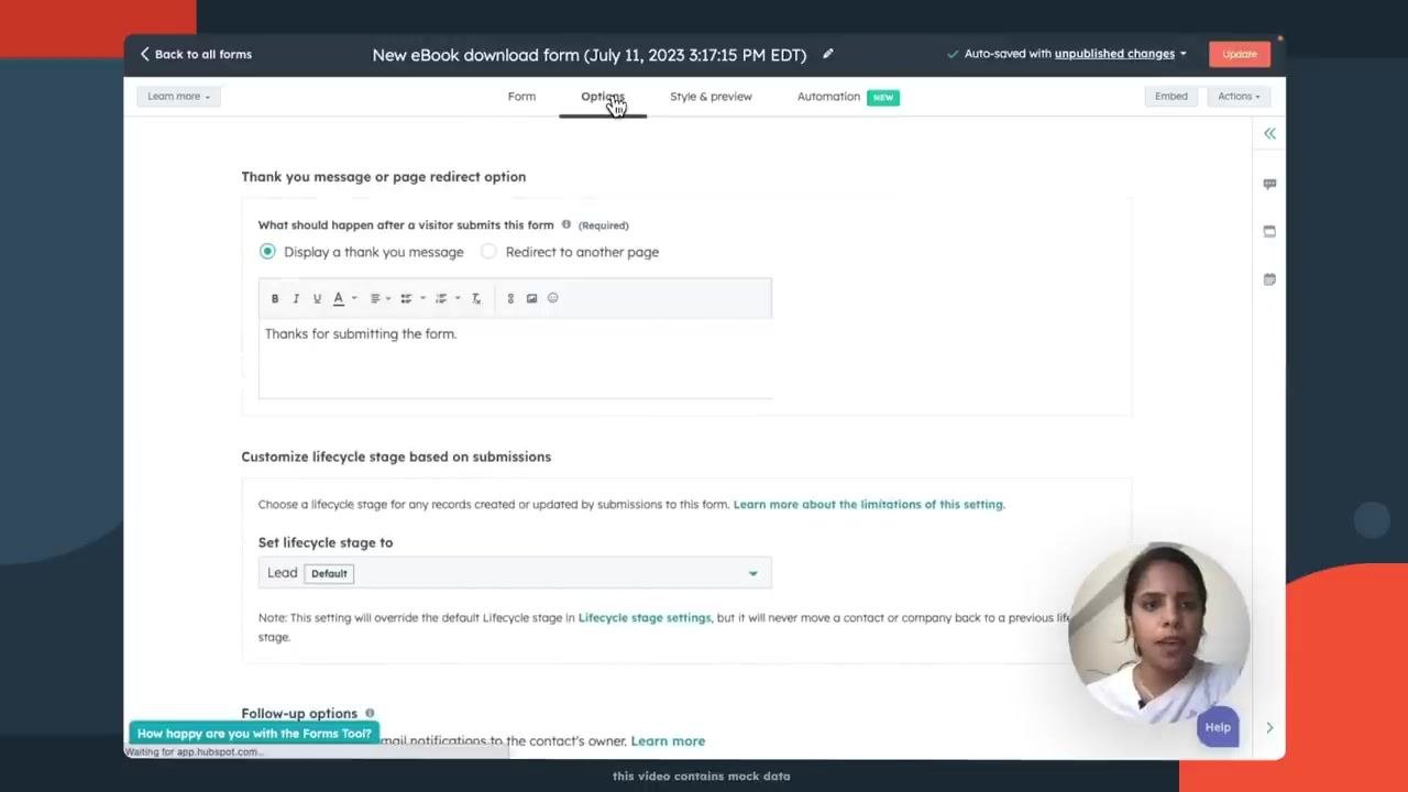 Options tab showing thank-you message and lifecycle stage settings, including a download link