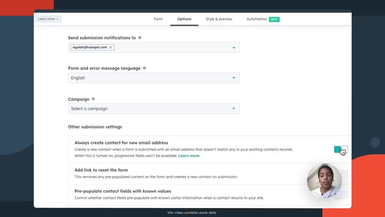 Options tab with Always create contact for new email address enabled, and submission notification settings visible