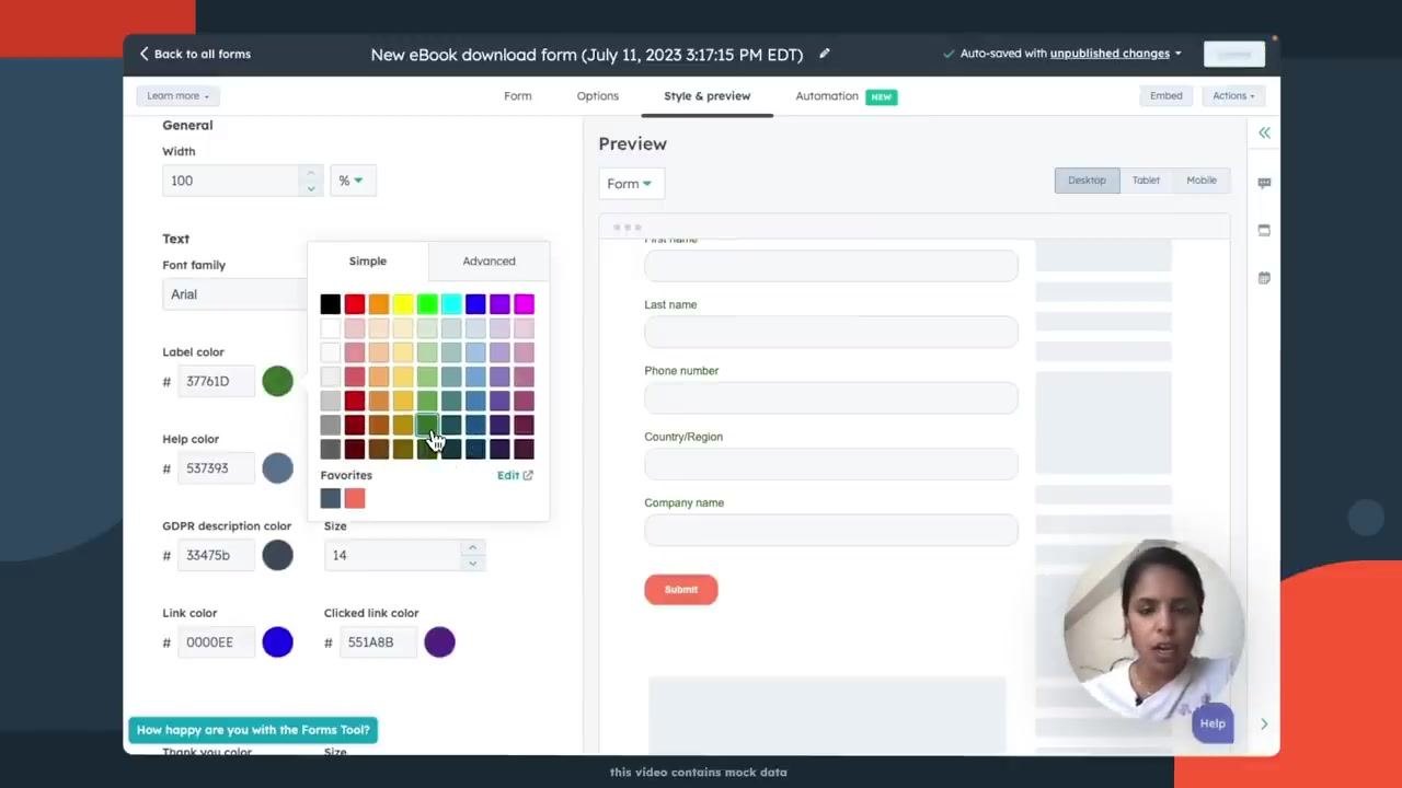 Style & preview tab with the color picker open and the label color set to green, with a live form preview