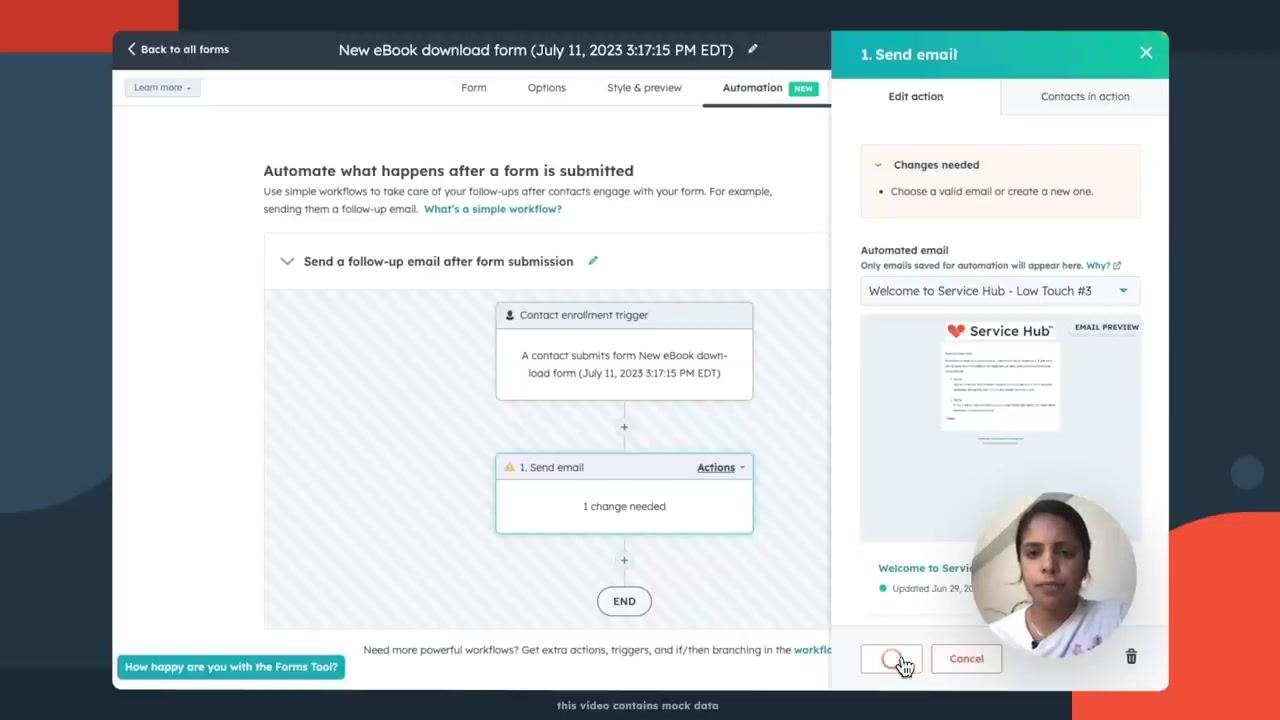 Automation tab with the Send an email after form submission workflow selected