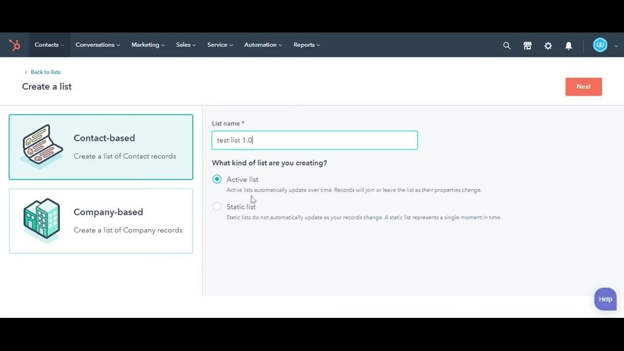 Create a list screen showing Contact-based or Company-based options, the list name field filled in with "test list 1.0," and Active list selected