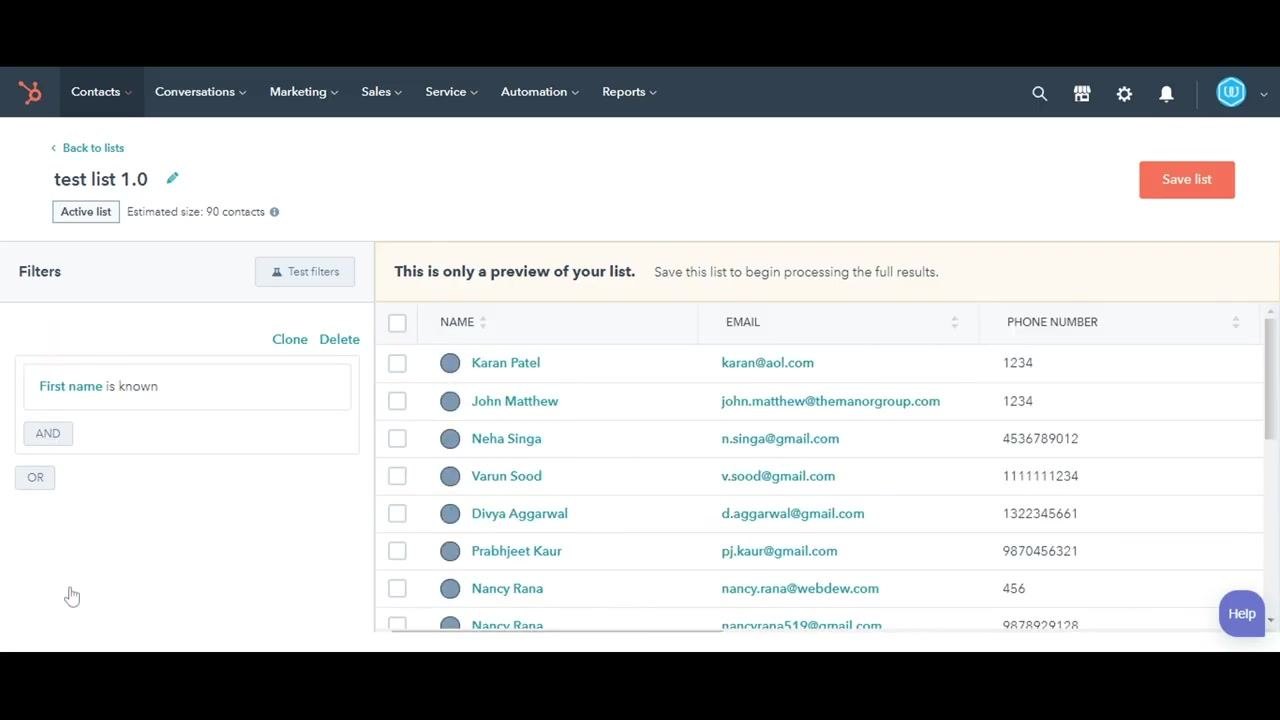 List preview showing the filter "First name is known," the list name "test list 1.0," and a table of matching contacts with names, emails, and phone numbers