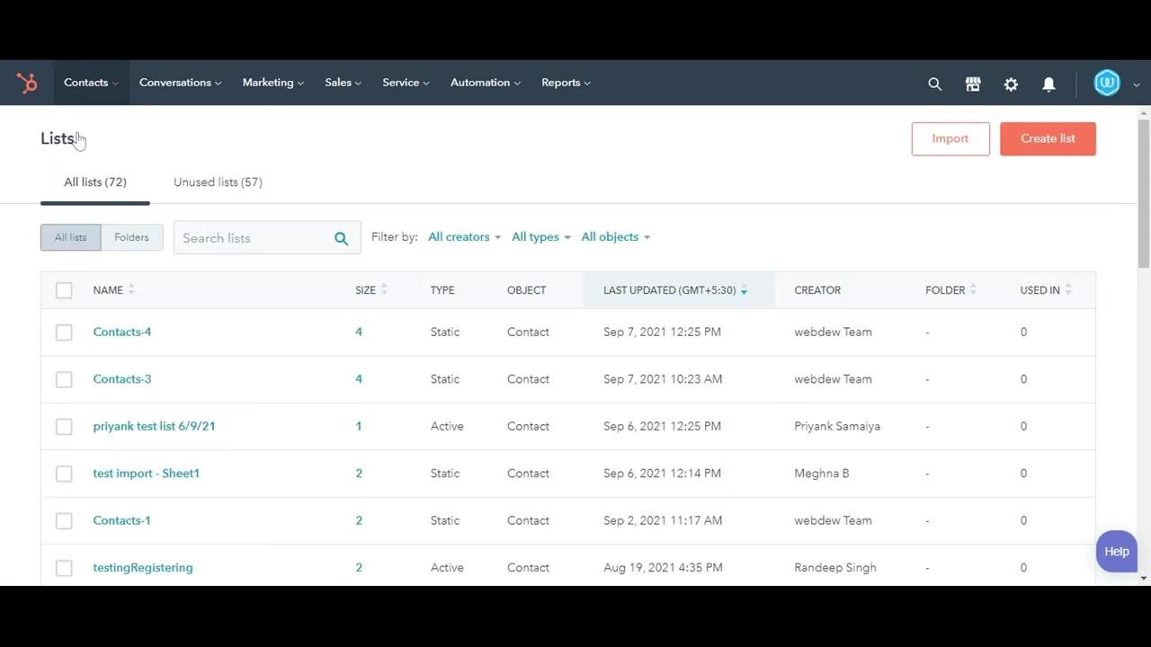 Lists overview page showing multiple lists with columns for name, size, type, object, last updated, creator, folder, and used in