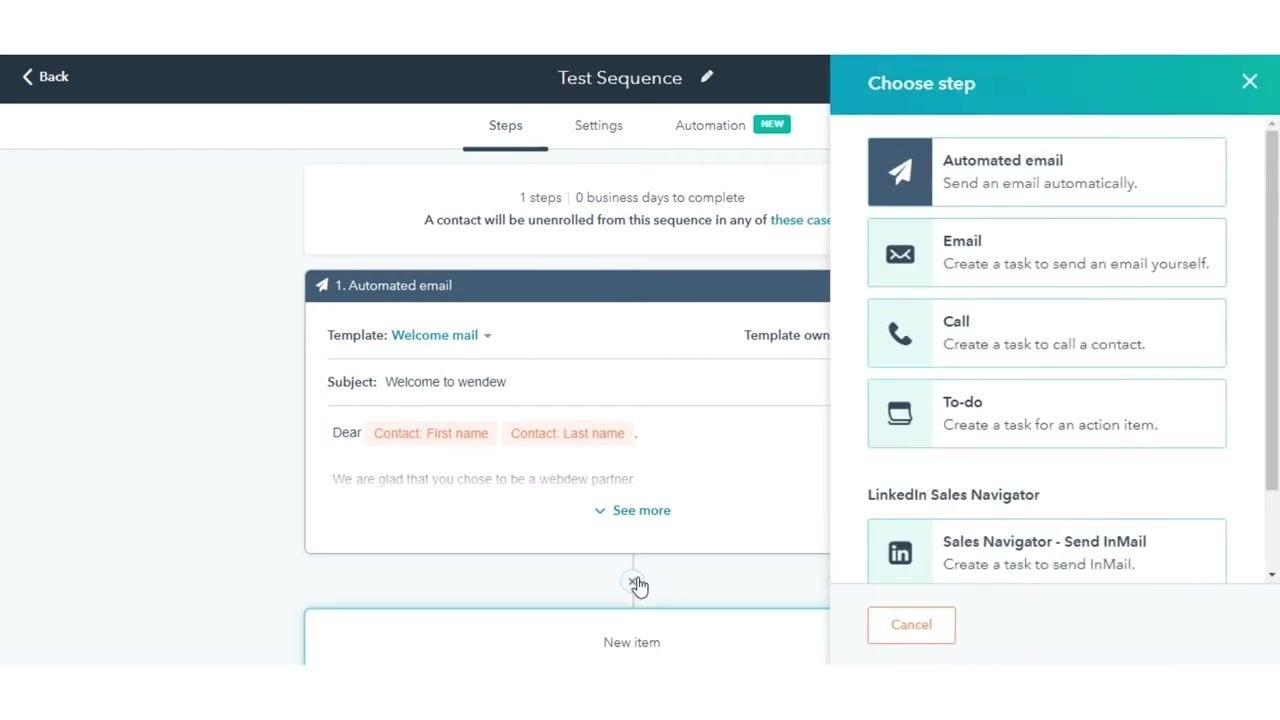 Choose email template panel with options to create a new template or select an existing one