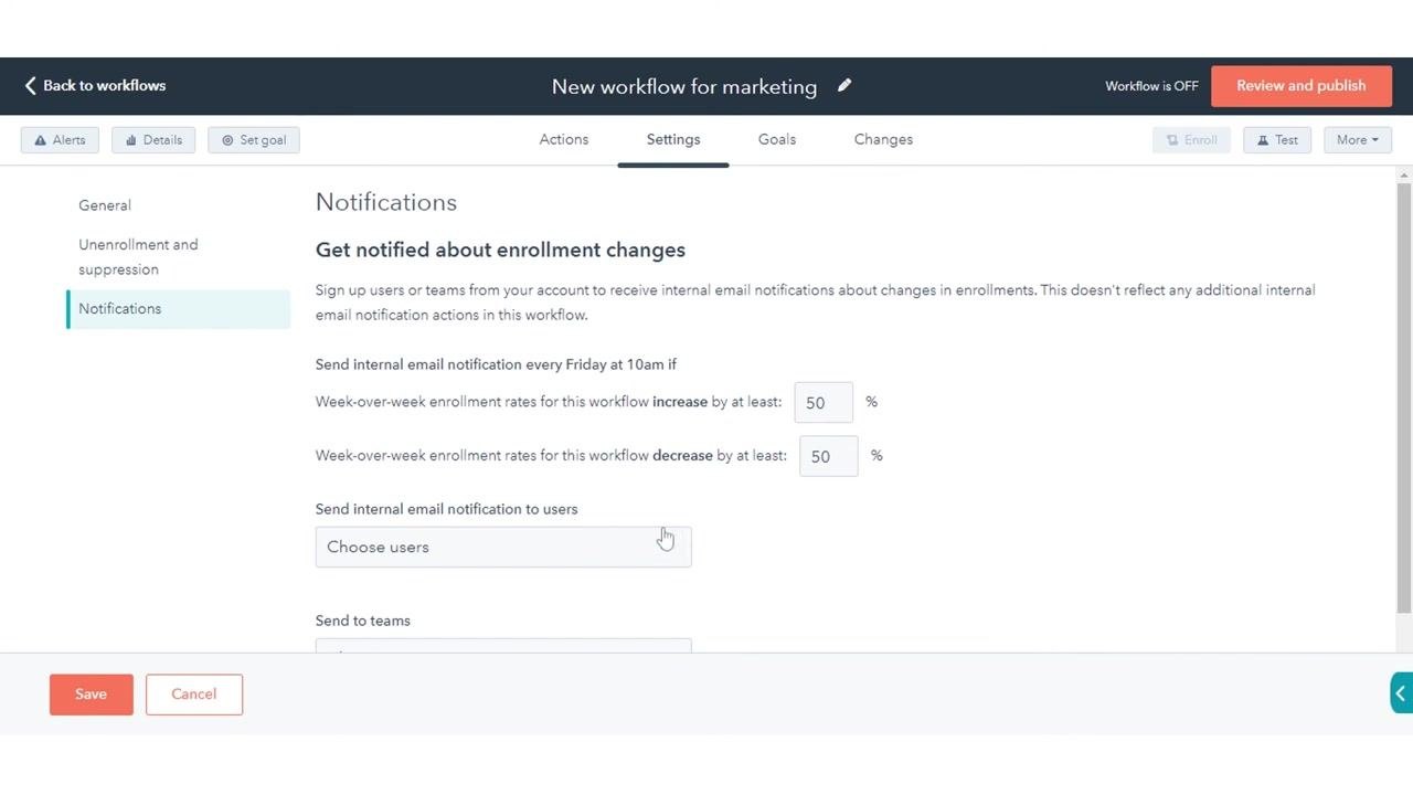 Notifications tab with enrollment change alerts and percentage thresholds configured