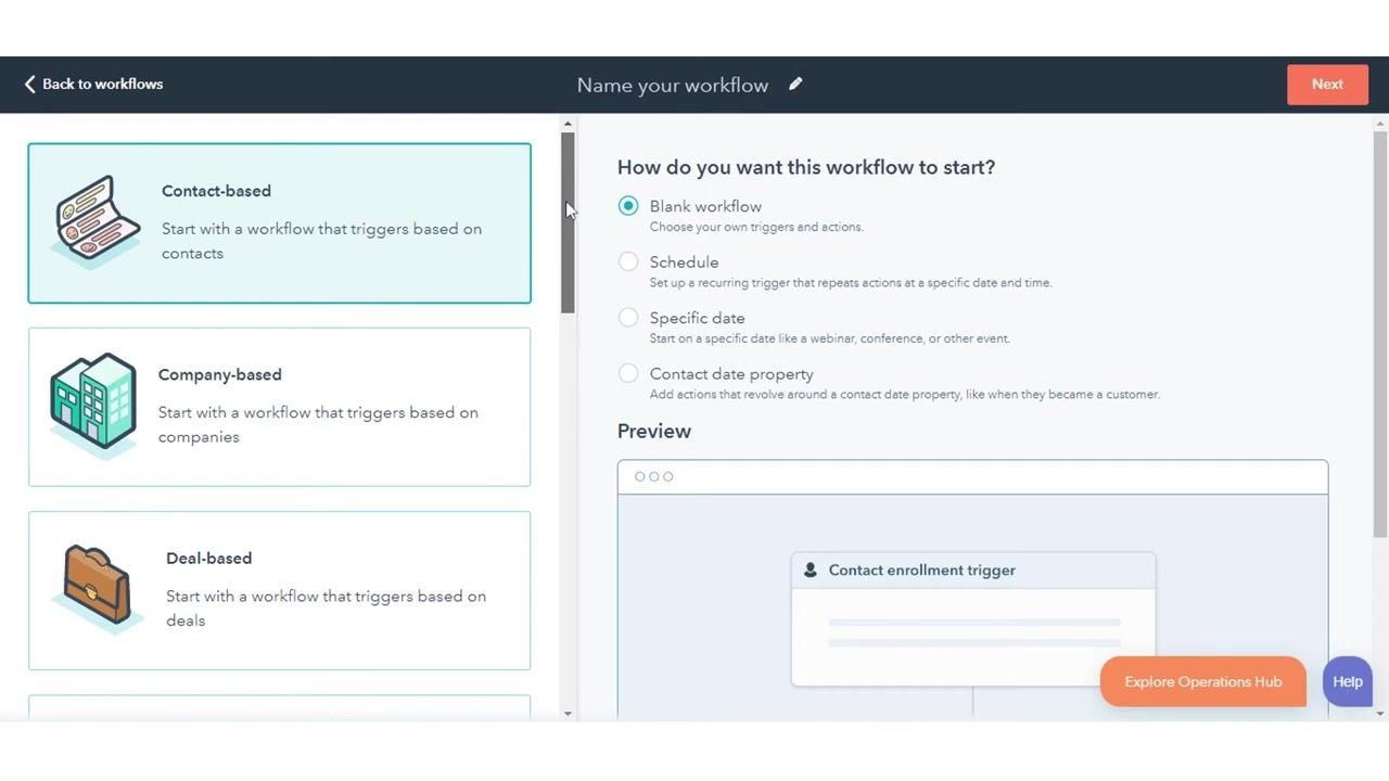HubSpot top navigation with the Automation menu expanded and the Workflows option highlighted