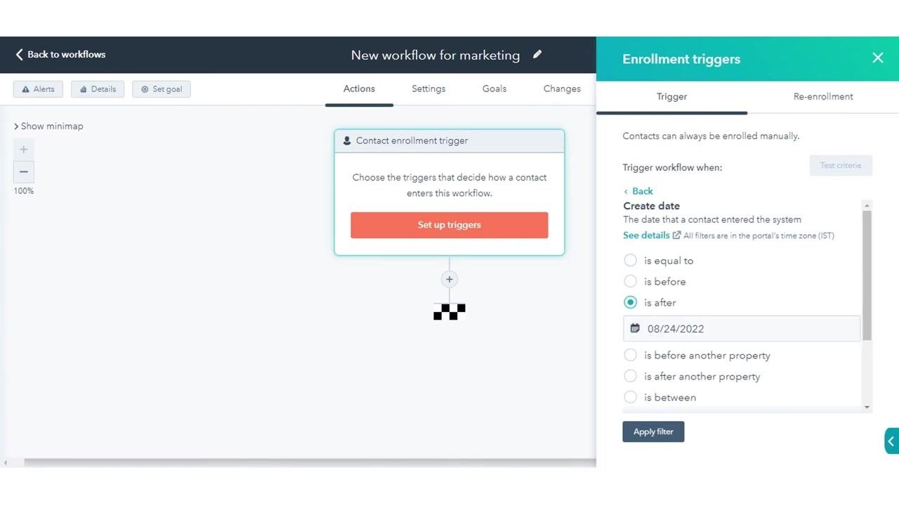 Enrollment triggers panel with a Create date is after 08/24/2022 filter and the Apply filter button