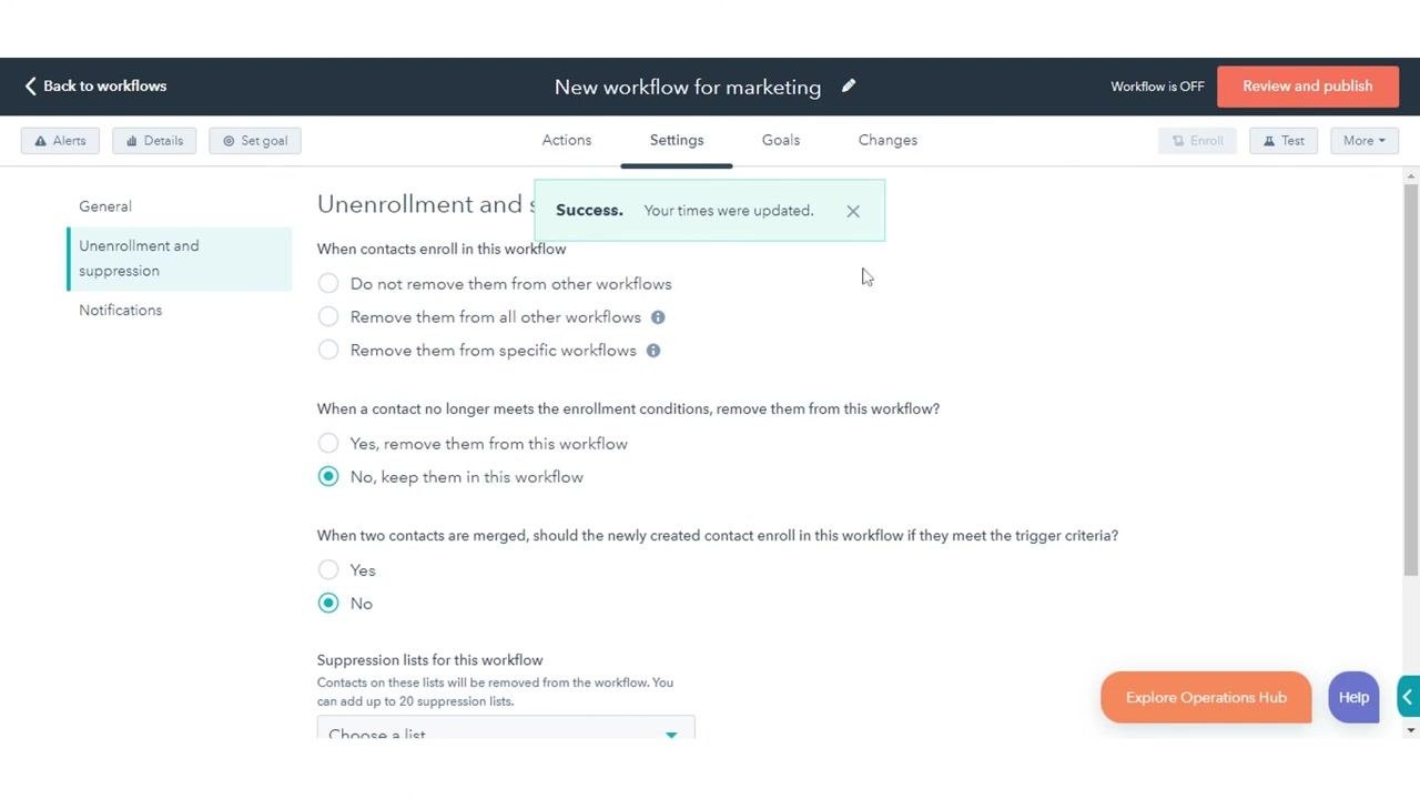 Unenrollment and suppression settings with options for workflow removal and suppression lists