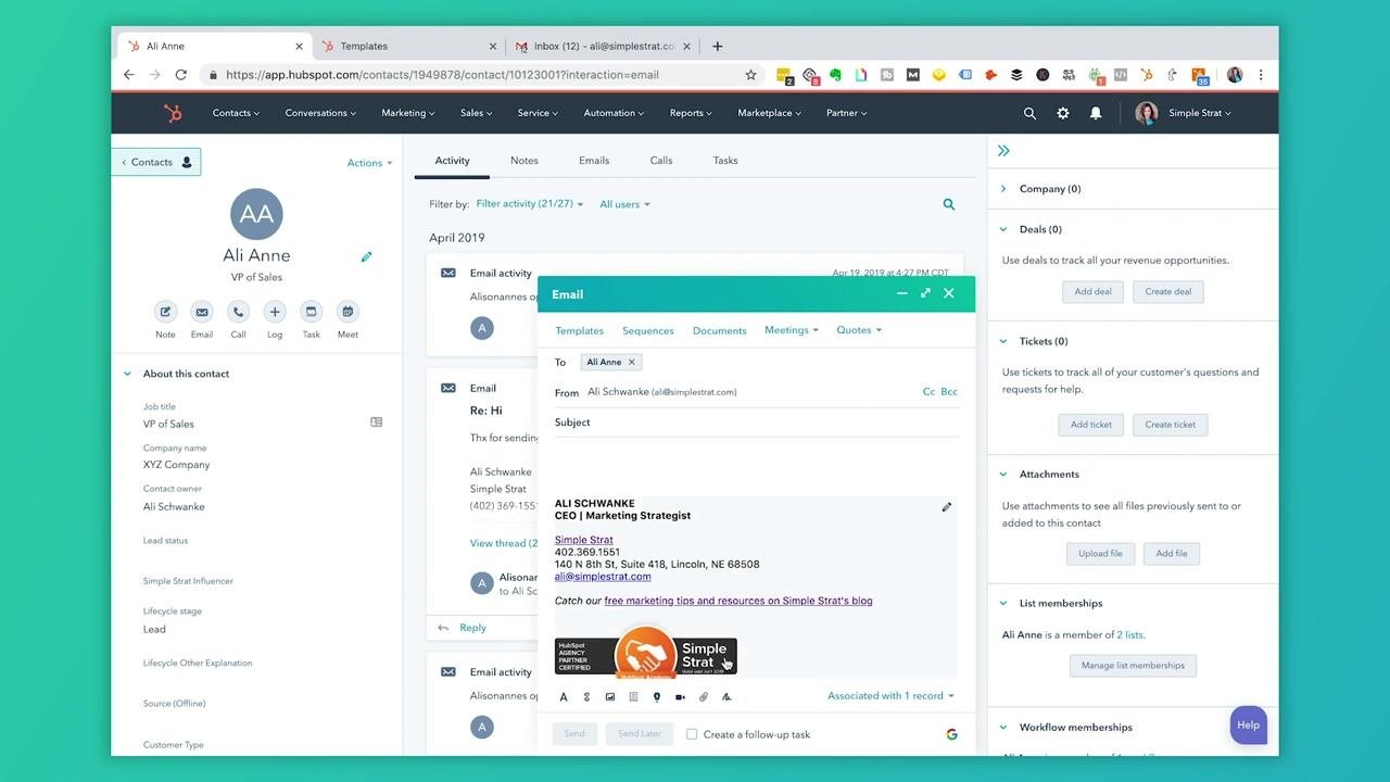 HubSpot contact record showing the email interface with the Templates tab at the top