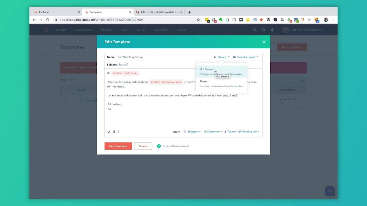 Edit Template window with the Shared dropdown open, showing Not Shared and Shared options