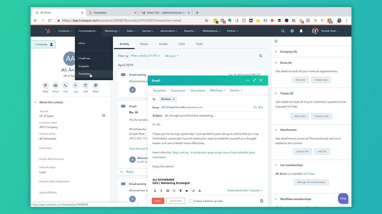 HubSpot dashboard with the Conversations menu expanded and Templates highlighted, email compose window open