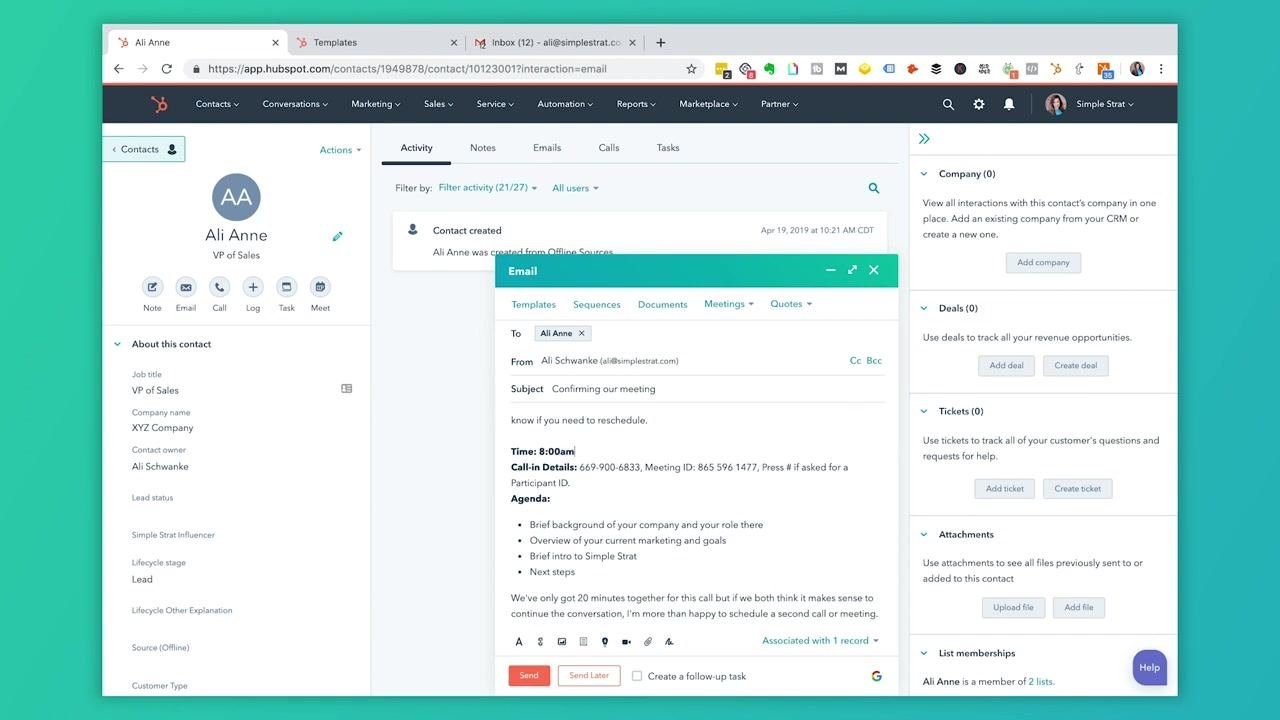 Email compose window with the meeting time filled in and agenda and call-in details visible