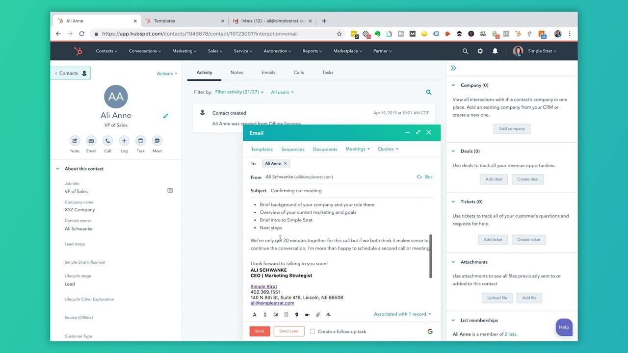 Email compose window with the subject "Confirming our meeting", a personalized greeting, and an editable meeting time field
