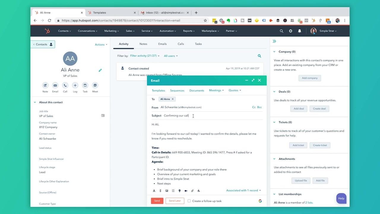 Email compose window with an editable subject line and template content already loaded