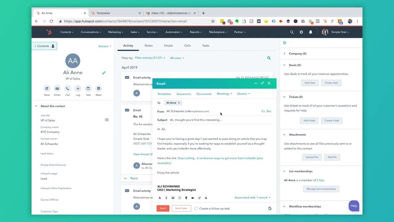 HubSpot Templates screen in a free test portal, reached through the Conversations menu