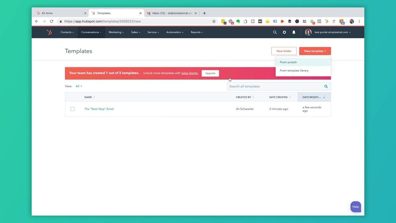 Templates dashboard with the New template dropdown expanded, showing From scratch and From template library