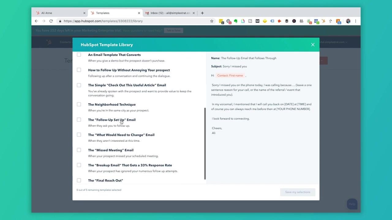 Templates dashboard showing the newly created template "The 'Next Step' Email" with a success confirmation message