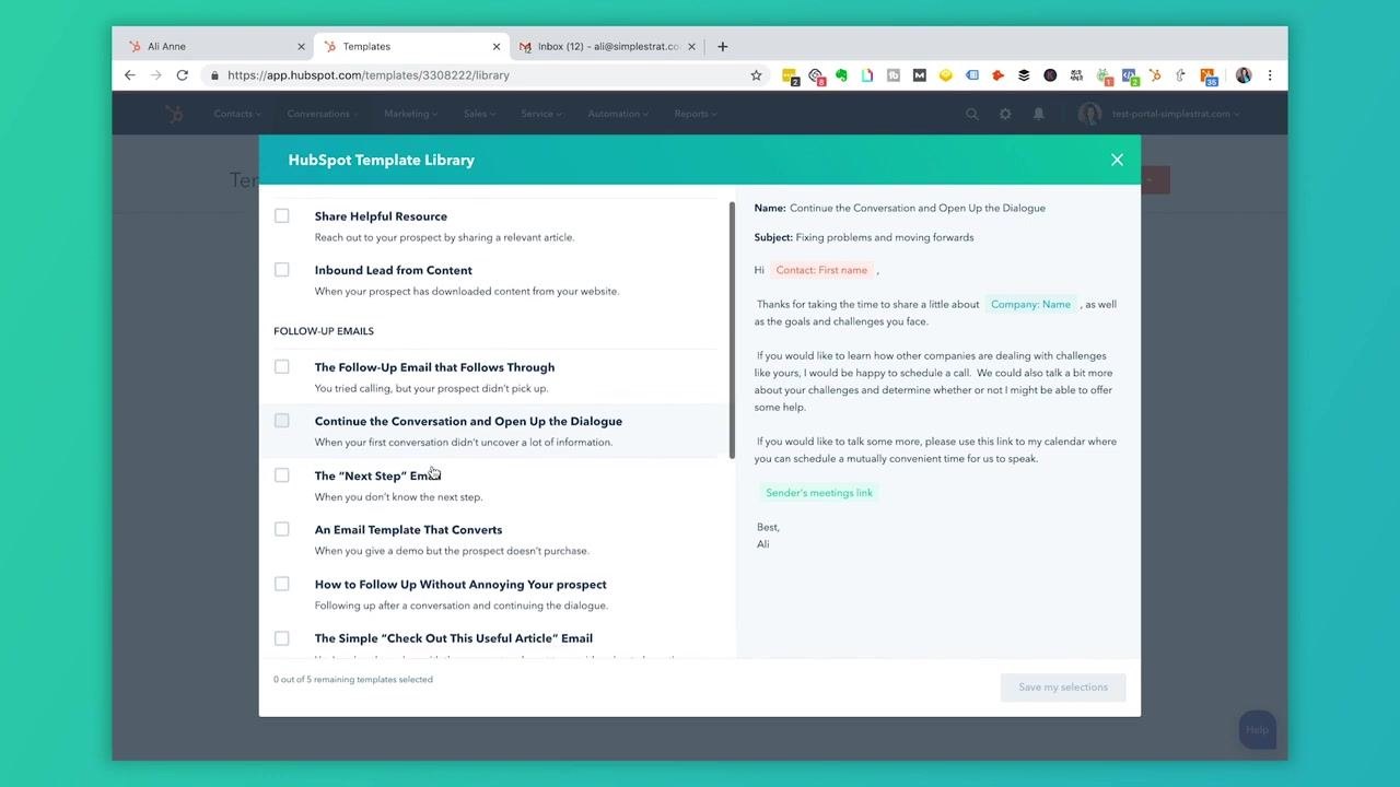 Edit Template window showing the template name, subject line, and body with personalization tokens
