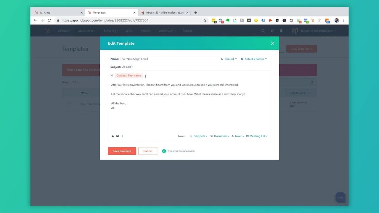 Edit Template window highlighting personalization tokens used in the email body