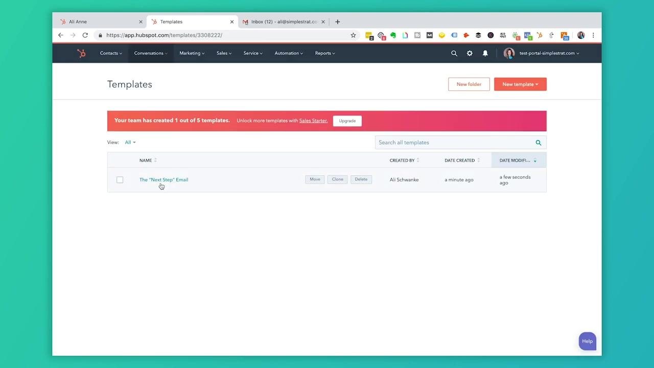 Templates dashboard showing the template "The 'Next Step' Email" ready to be renamed