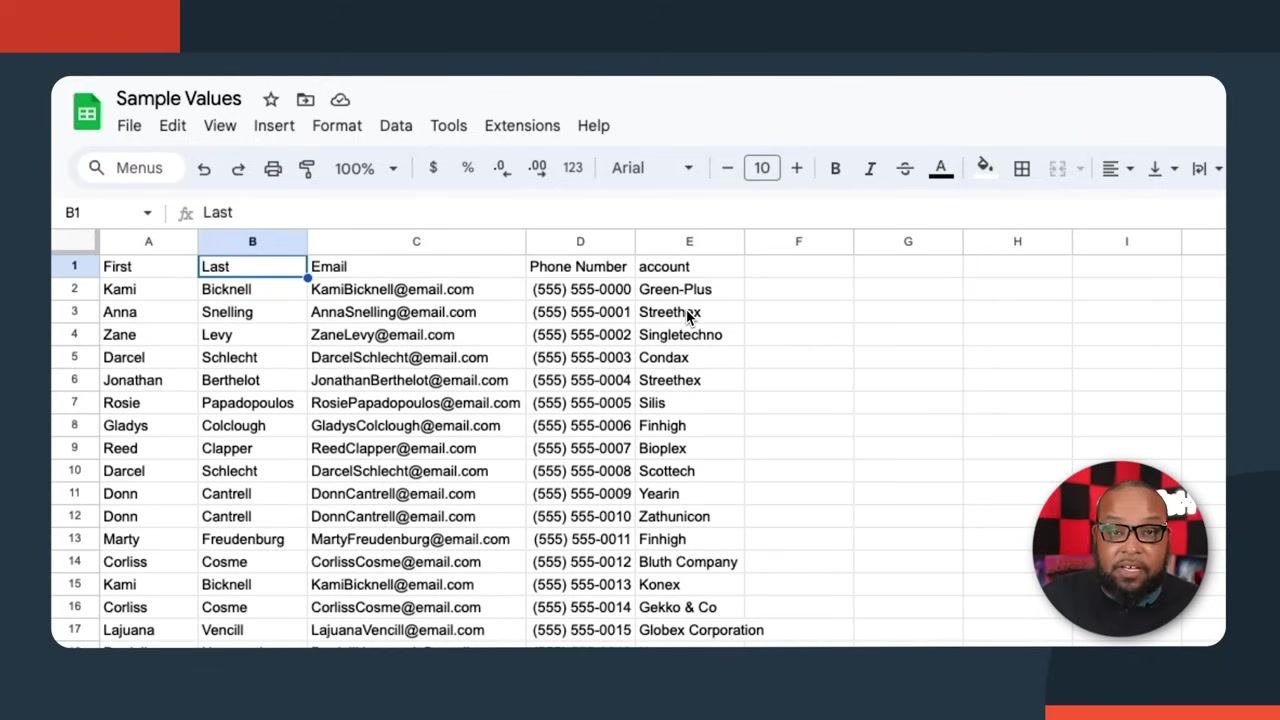 Spreadsheet example with columns: First, Last, Email, Phone Number, Account. Rows filled with sample contact data.
