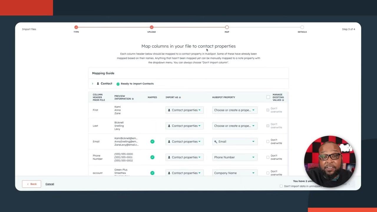 Mapping screen with dropdowns for assigning HubSpot properties to each column.