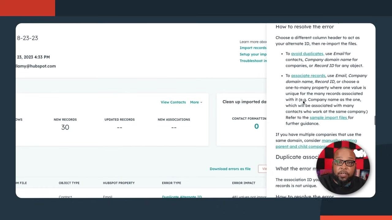 Screen showing import summary: 511 rows, 30 new records, 0 formatting issues, and a table of import errors with details.