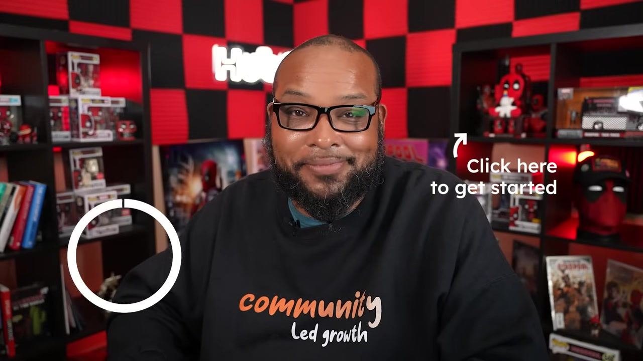 Presenter smiling, with "Click here to get started" text and an arrow, inviting users to begin their own import process. Bookshelves and branded items in the background.