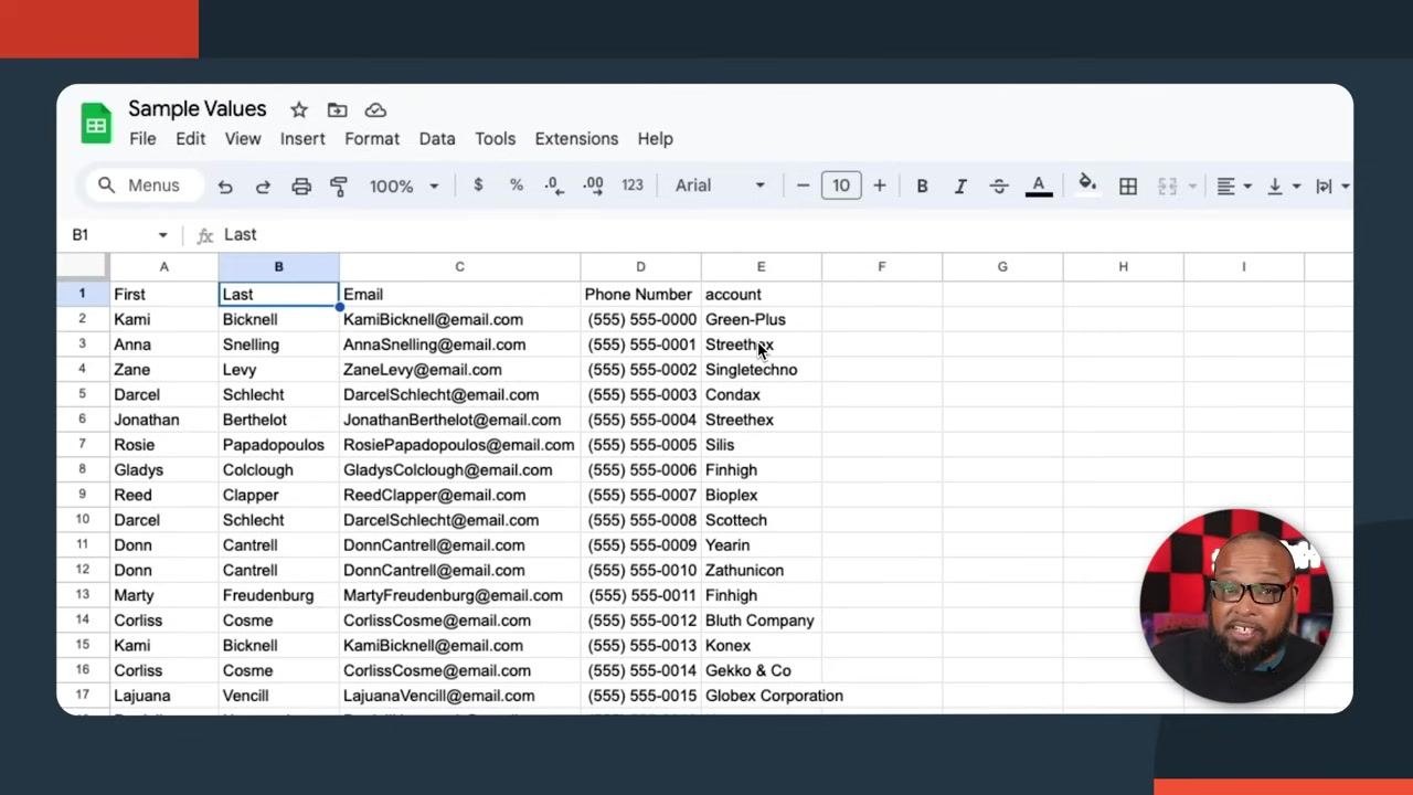 Close-up of a spreadsheet showing columns: First, Last, Email, Phone Number, Account. The Company/Account column is present but will not be imported.