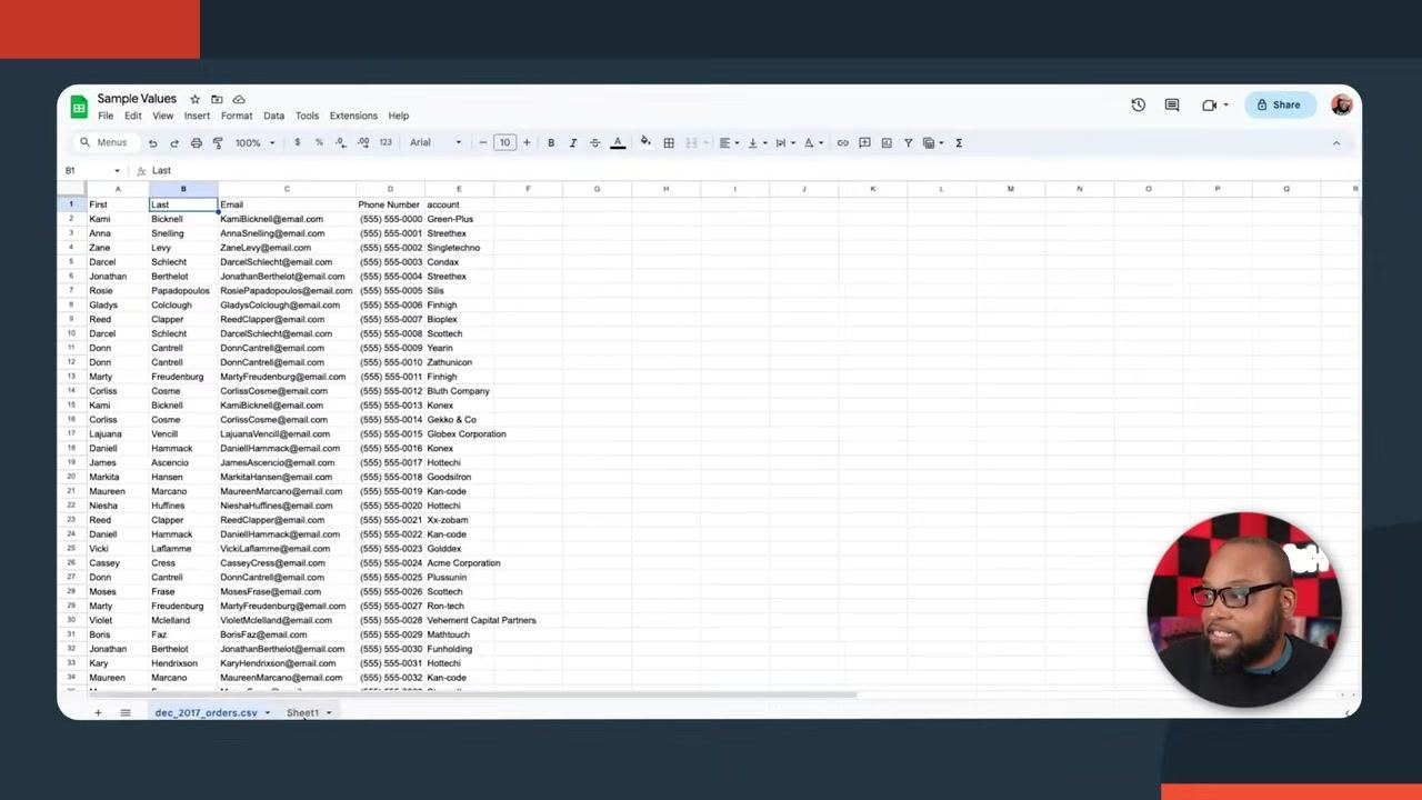 Spreadsheet with the 'Name' column selected, showing full names in a single column.