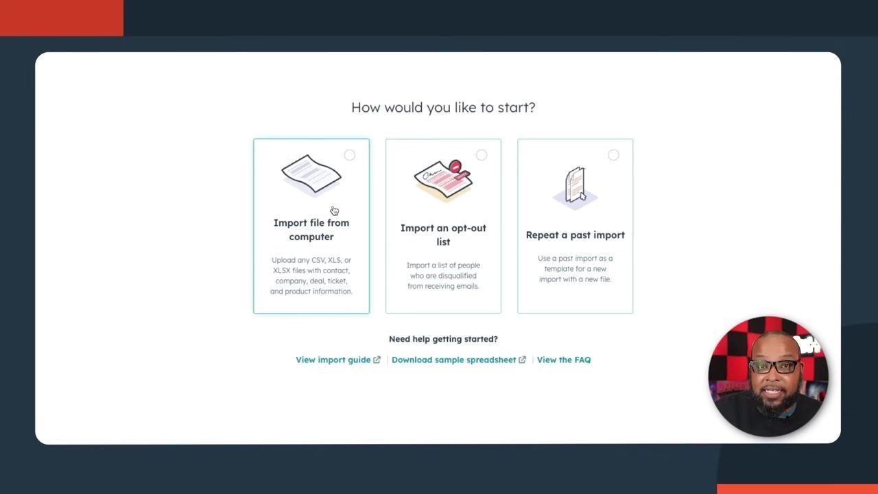 HubSpot import options: Import file from computer, Import an opt-out list, Repeat a past import.