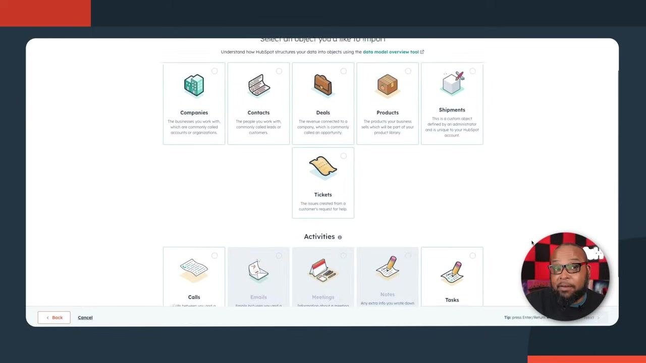 Screen showing Activities options (calls, emails, meetings, notes, tasks) available for import in HubSpot.