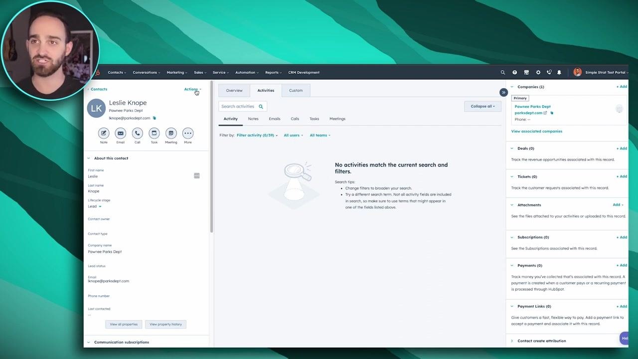 Merge contacts dialog in HubSpot showing a search for "Leslie" and selection of a duplicate contact