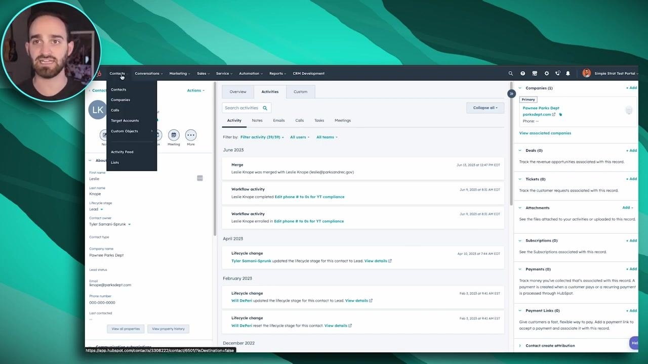 HubSpot navigation bar with the Contacts menu open, showing options for Contacts, Companies, Calls, Target Accounts, Custom Objects, Activity Feed, and Lists