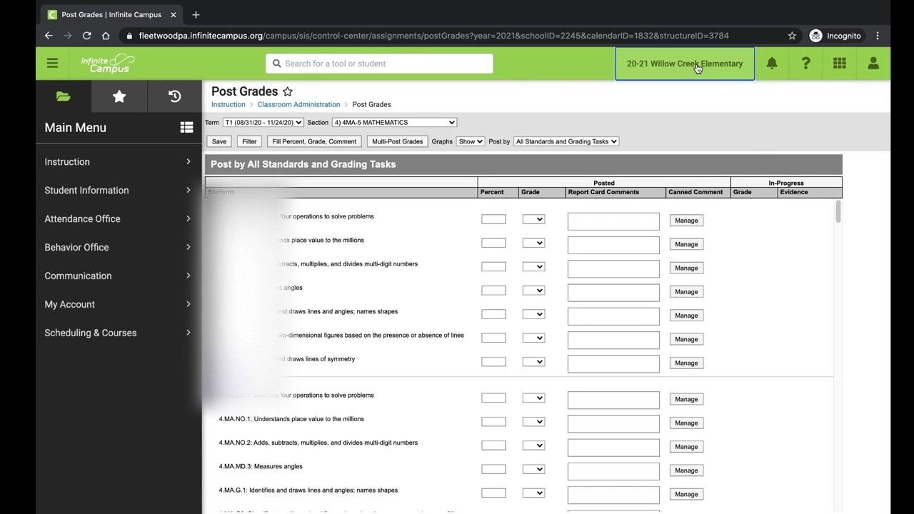 Cursor hovering over the building selector showing "20-21 Willow Creek Elementary" at the top of the screen, with the Post Grades page visible in the background