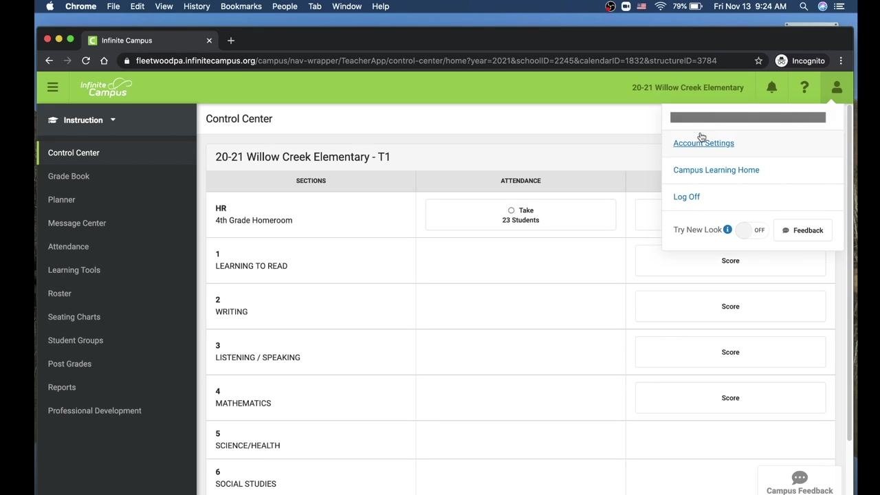 User menu open with Account Settings highlighted, showing the Control Center screen in Infinite Campus