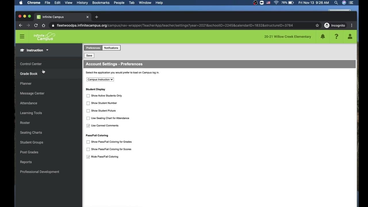 Account Settings - Preferences screen with "Use Canned Comments" checked, the Save button visible, and the navigation menu on the left