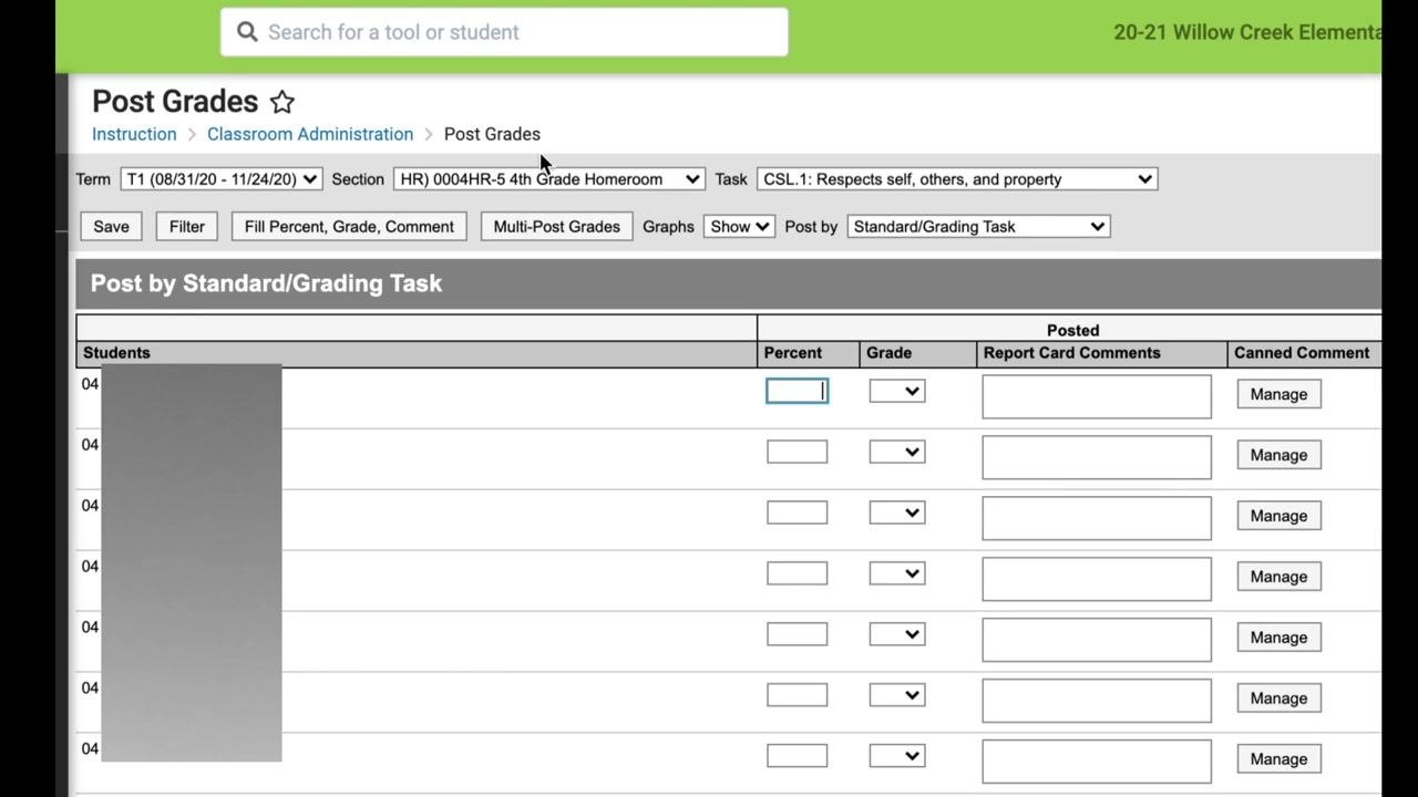 Post Grades screen showing Term, Section, and Task dropdowns along with a grade entry table listing Percent, Grade, Report Card Comments, and Canned Comment columns
