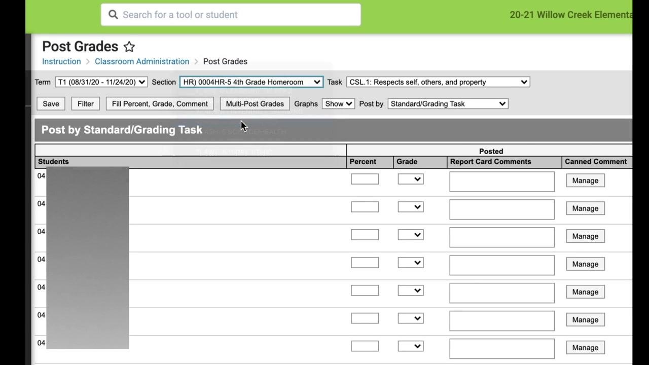 Post Grades screen with the Post by dropdown visible, ready to be changed to All Standards and Grading Tasks