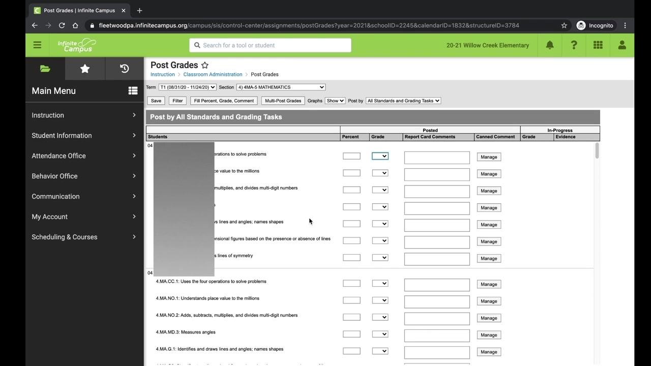 Post Grades screen showing multiple students, standards, and grade entry fields including Percent, Grade dropdown, Report Card Comments, and a Manage button for Canned Comments
