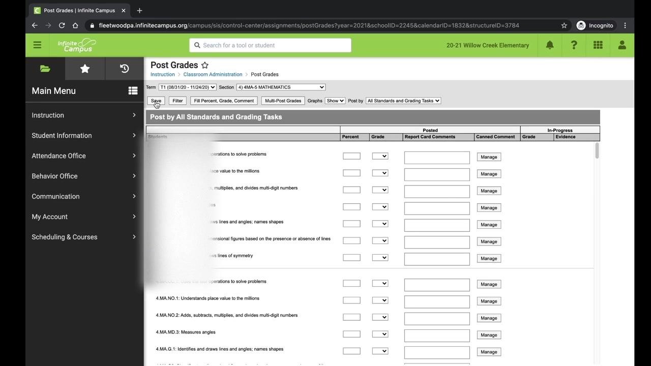 Cursor hovering over the Save button at the top of the Post Grades screen, with grade entry fields visible