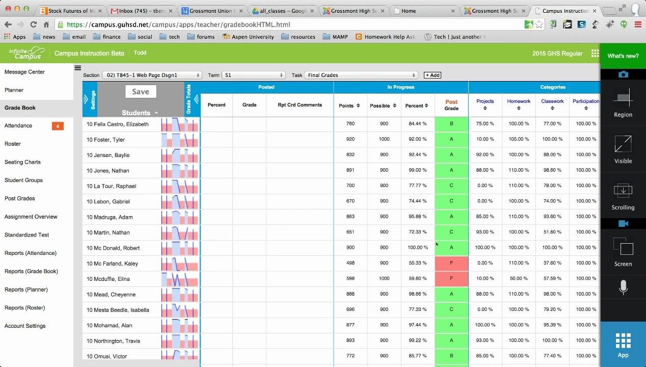 Gradebook view showing student names, percent, and post grade columns, with some letter grades visible in green and red cells