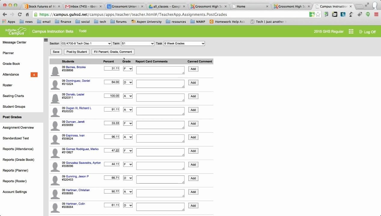 Post Grades screen listing all students with their posted percent, grade, and comment fields