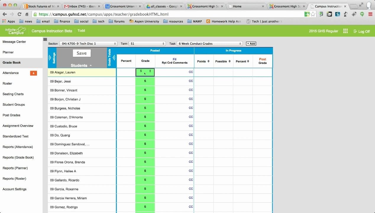 Gradebook with conduct grades being entered, showing all students marked with "S" in the Grade column