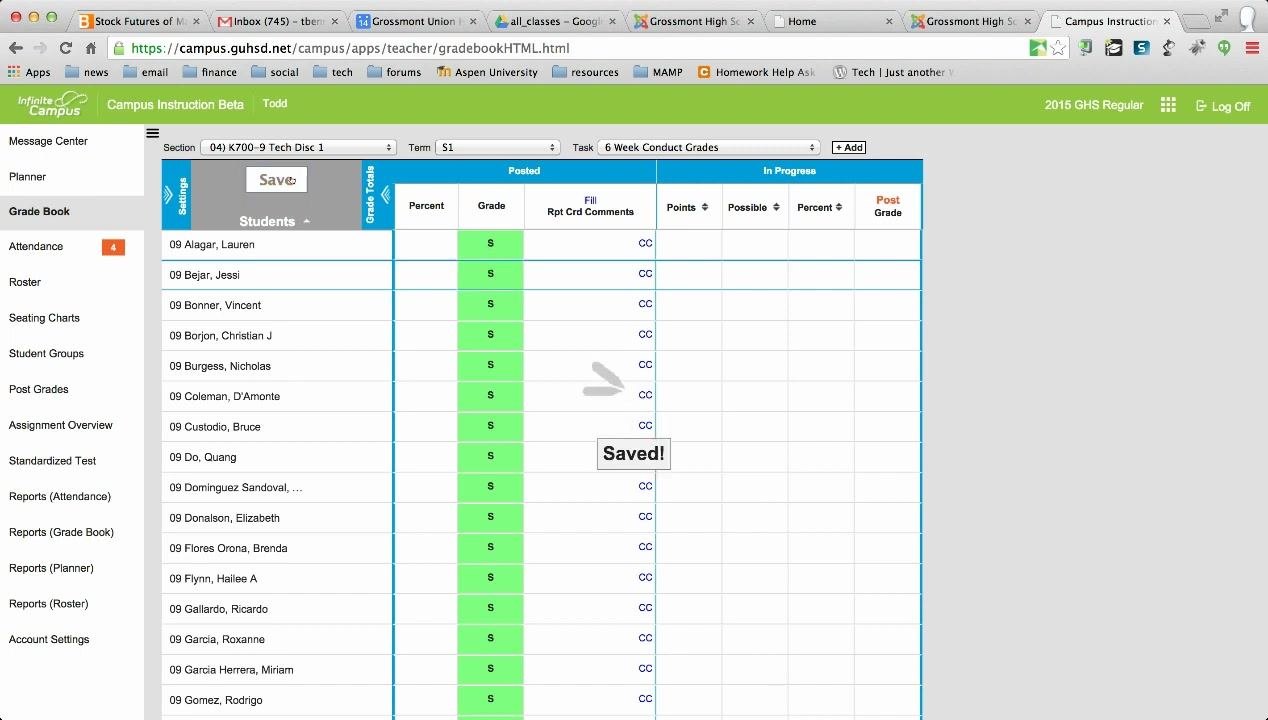 Gradebook showing all conduct grades entered along with a "Saved!" confirmation message