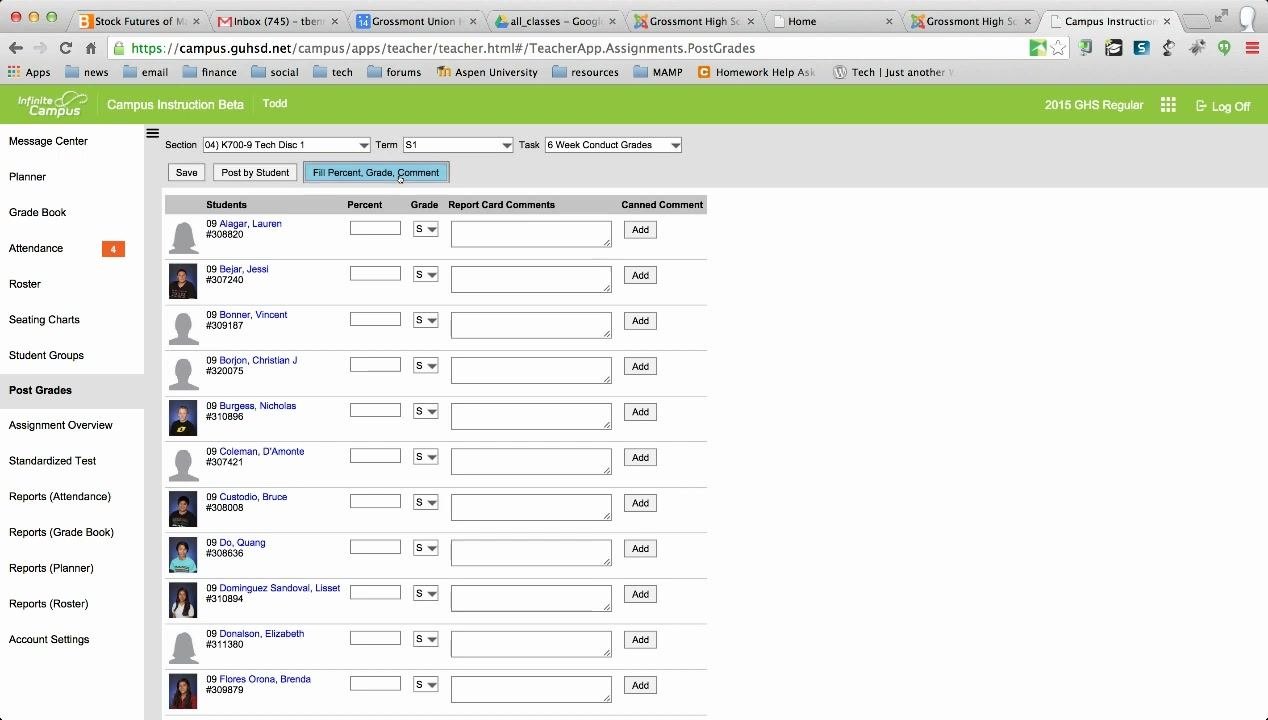 Post Grades screen with the Fill Percent, Grade, Comment button highlighted above the student list, showing students, grade dropdowns, and comment fields