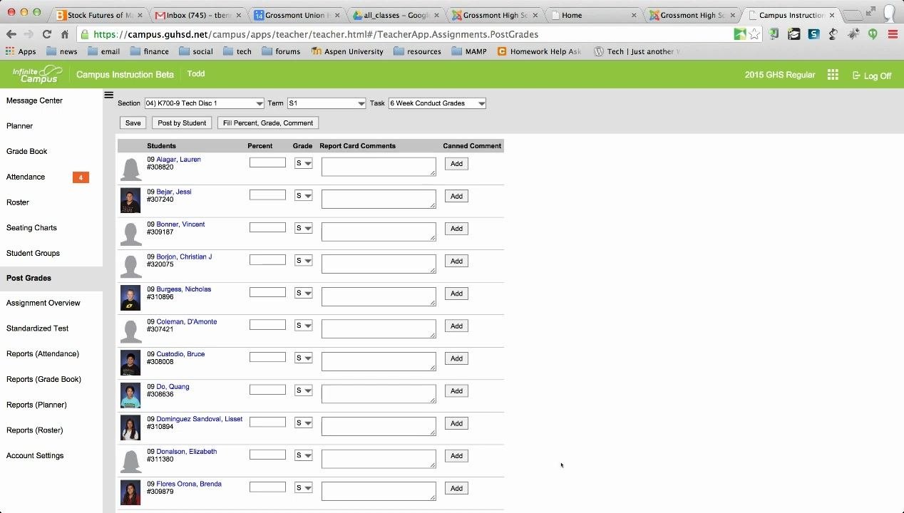 Post Grades screen after bulk filling, showing all students with the same conduct grade and the Save button available