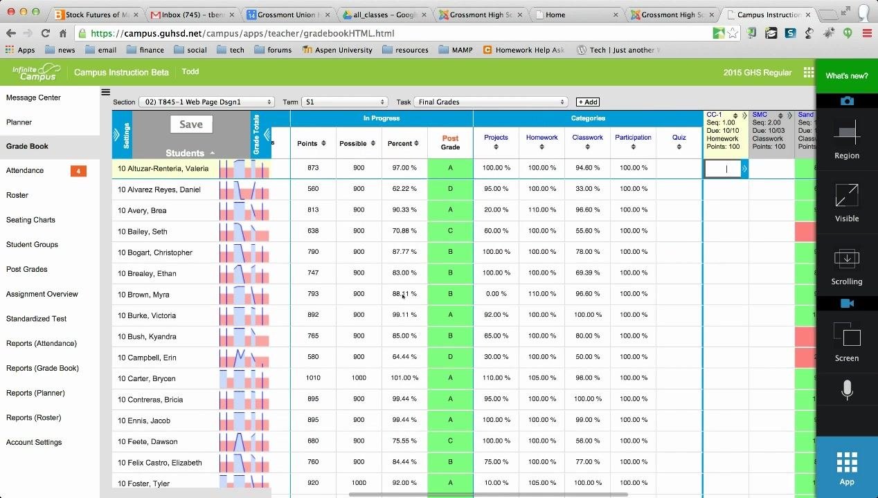 Gradebook screen after setting the grading scale, with letter grades now visible in the Post Grade column