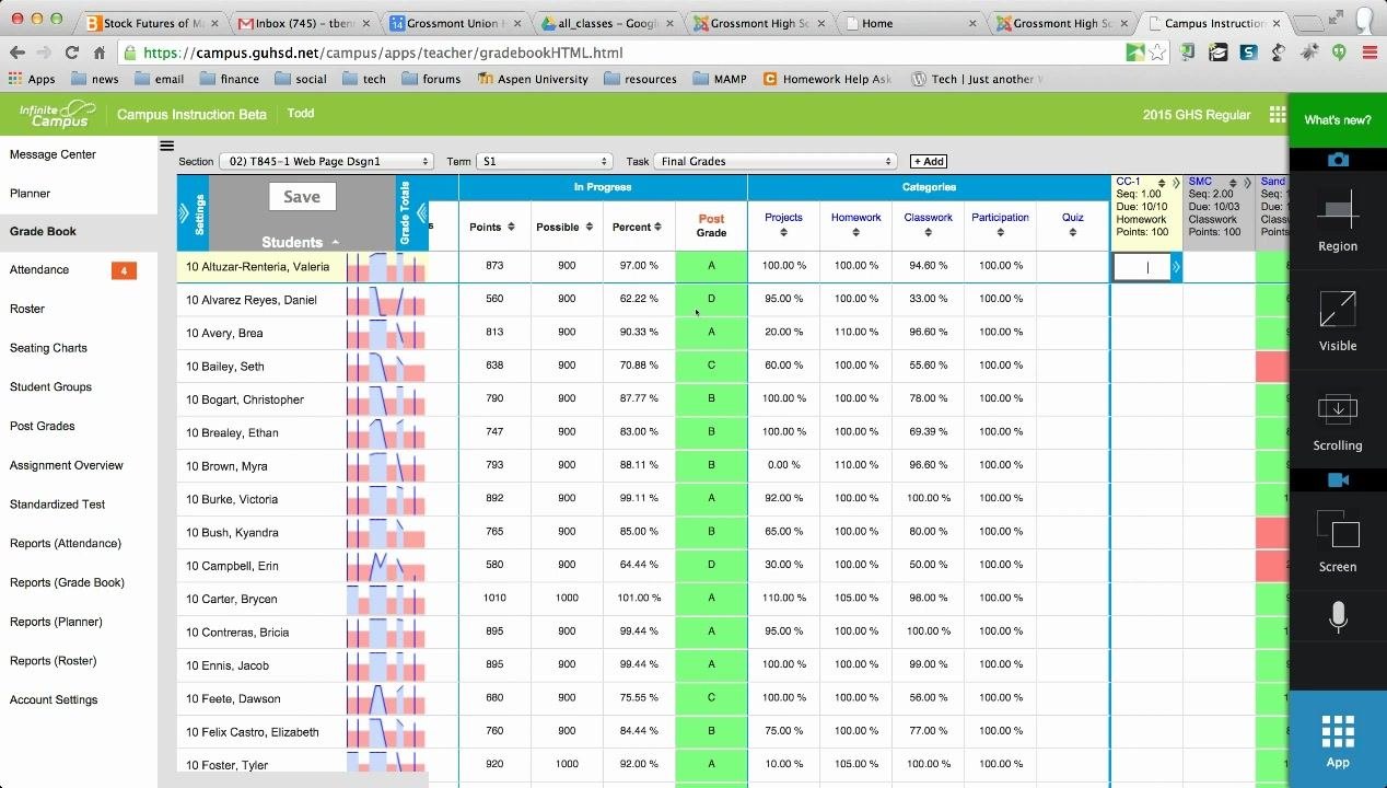 Gradebook for a different class section, showing letter grades in the Post Grade column after adjustment