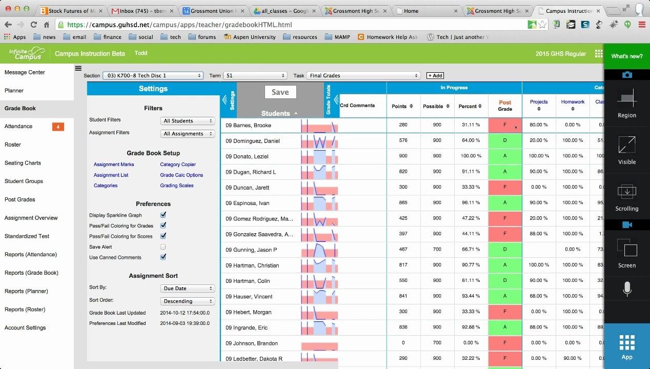 Gradebook screen after clicking Post, showing the 6 Week Grades view with posted grades and comments columns